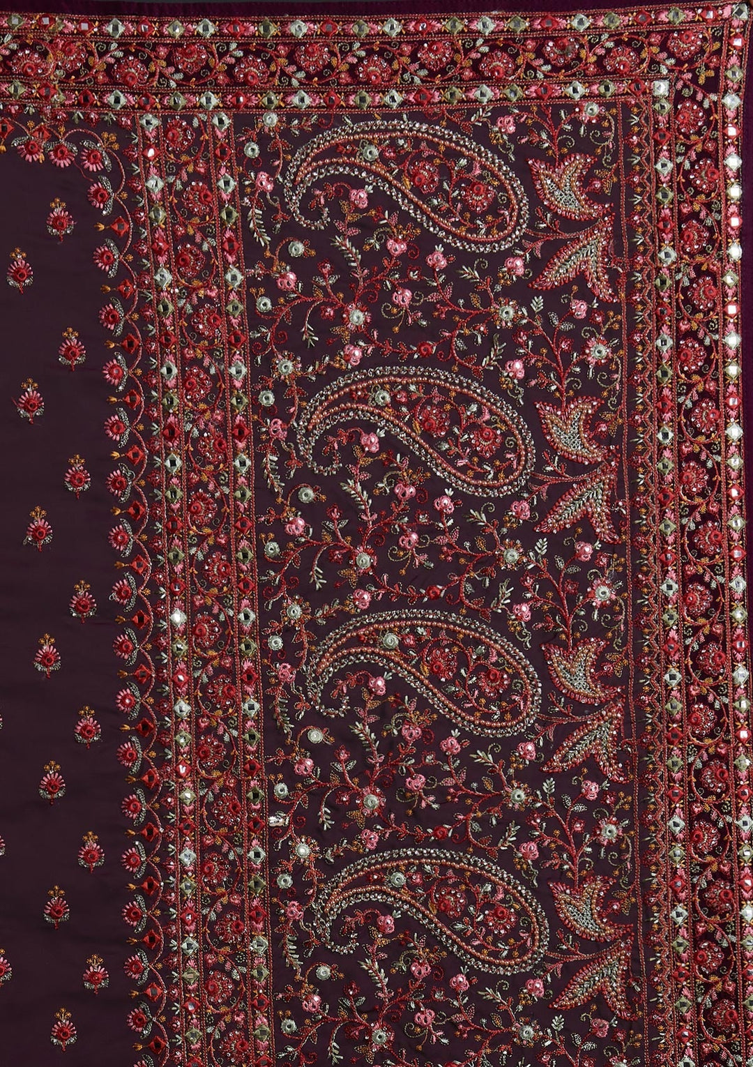 Wine Threadwork Georgette Designer Saree - Koskii