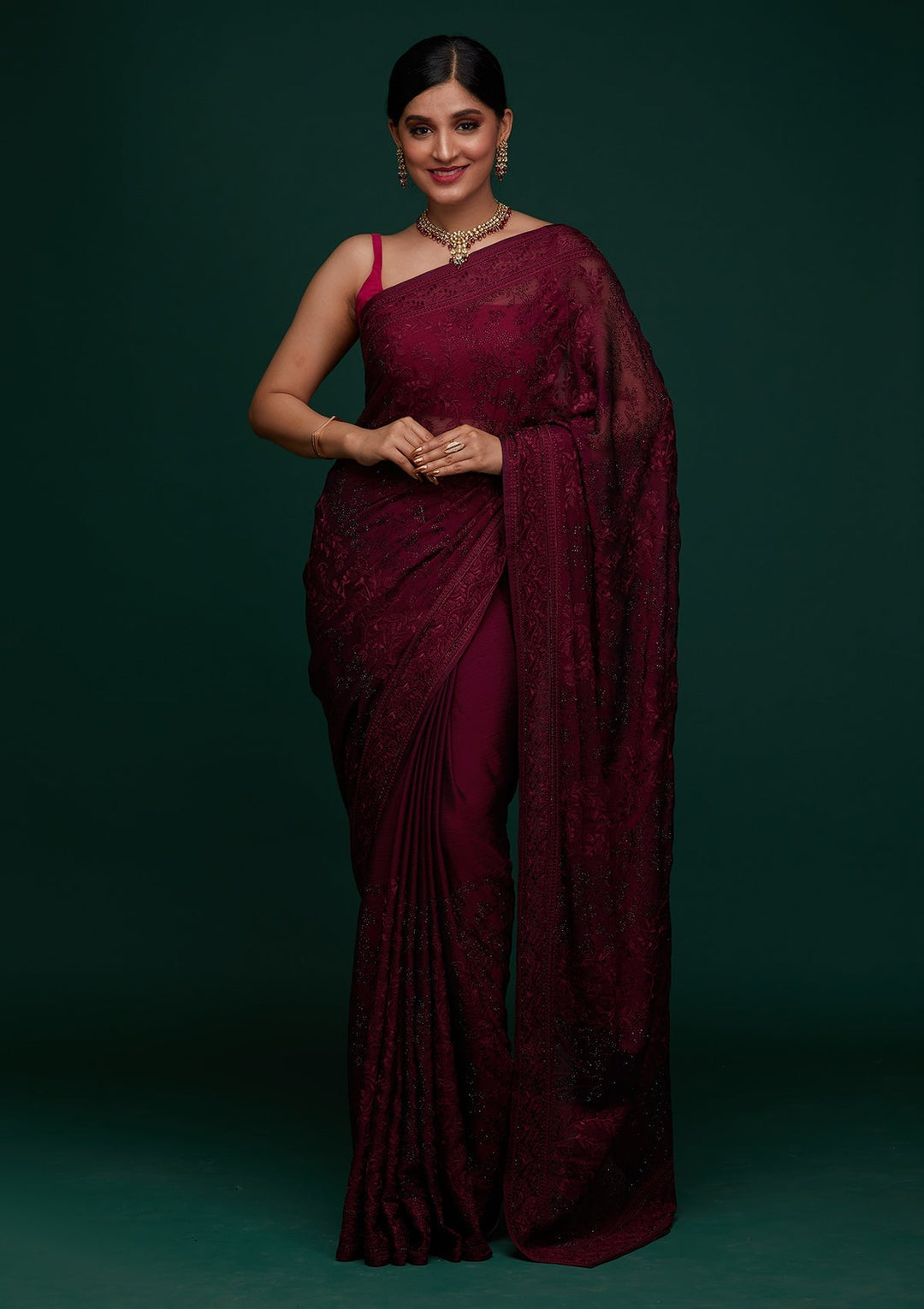 Wine Threadwork Georgette Designer Saree - Koskii