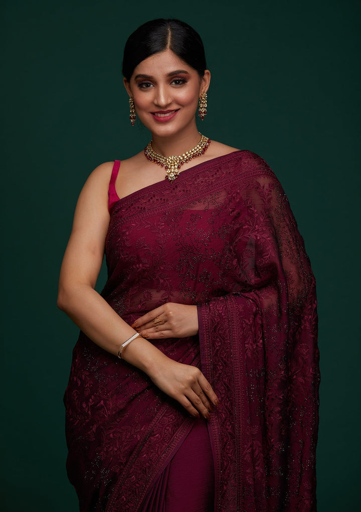 Wine Threadwork Georgette Designer Saree - Koskii
