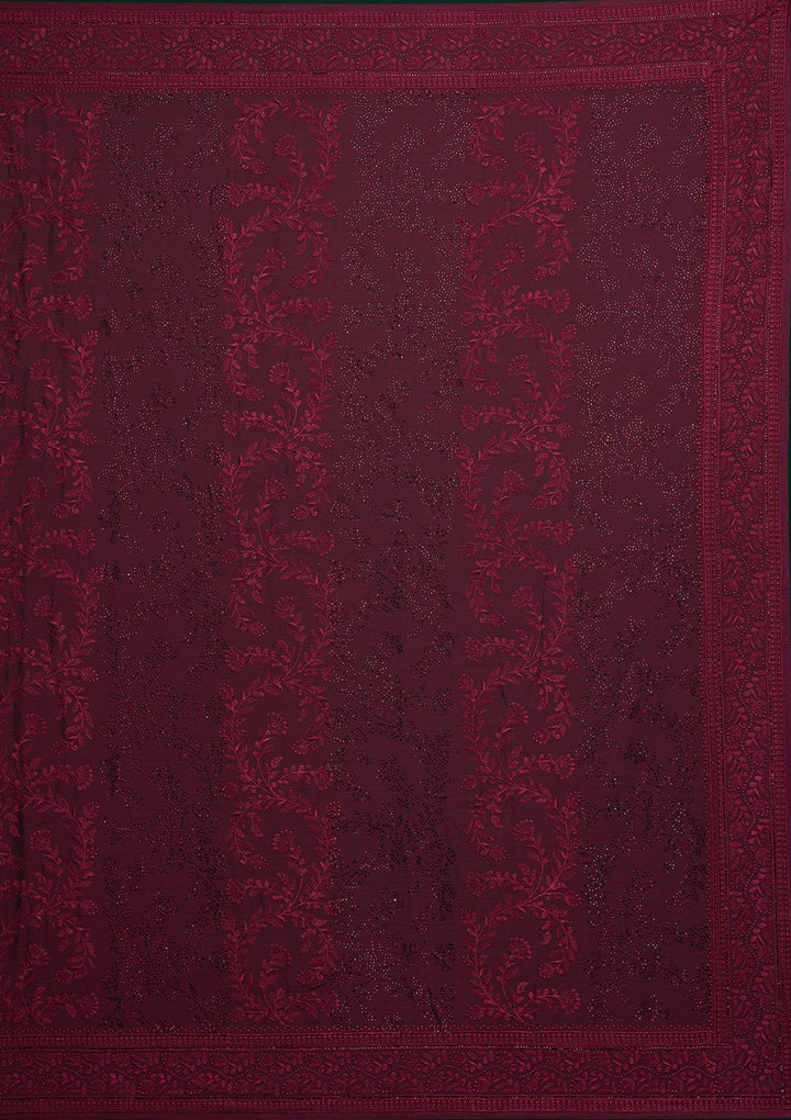 Wine Threadwork Georgette Designer Saree - Koskii