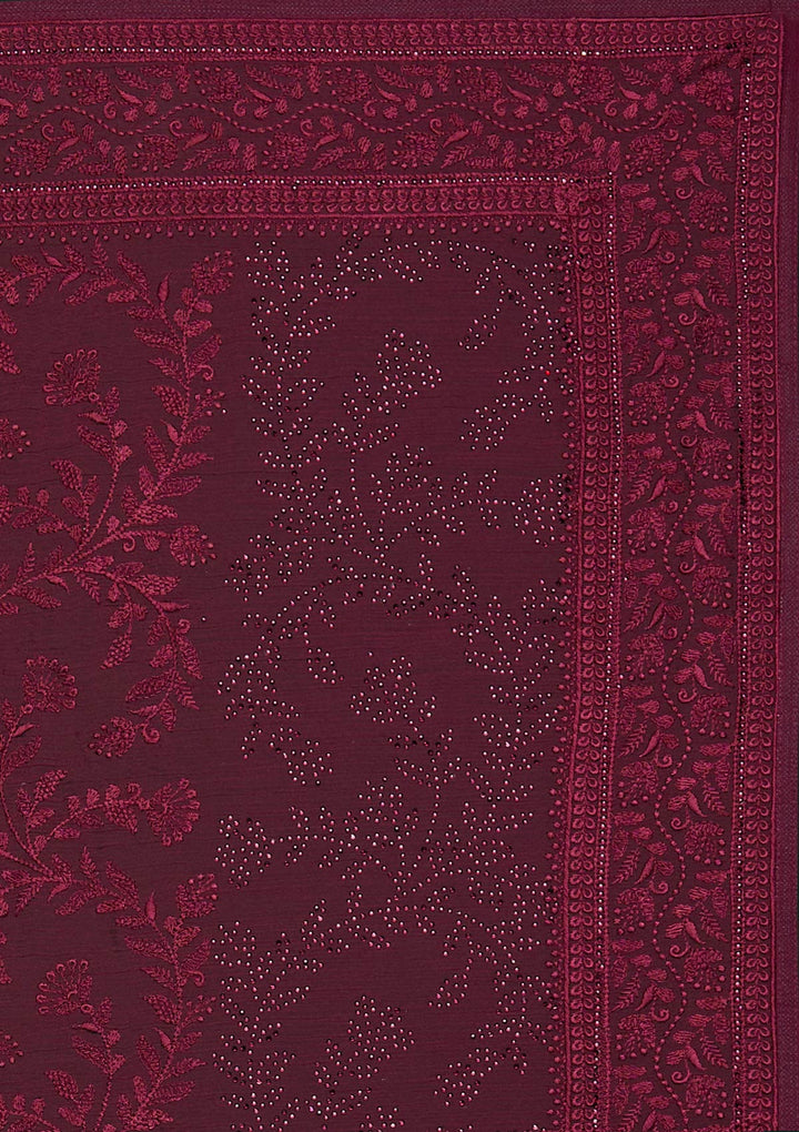 Wine Threadwork Georgette Designer Saree - Koskii