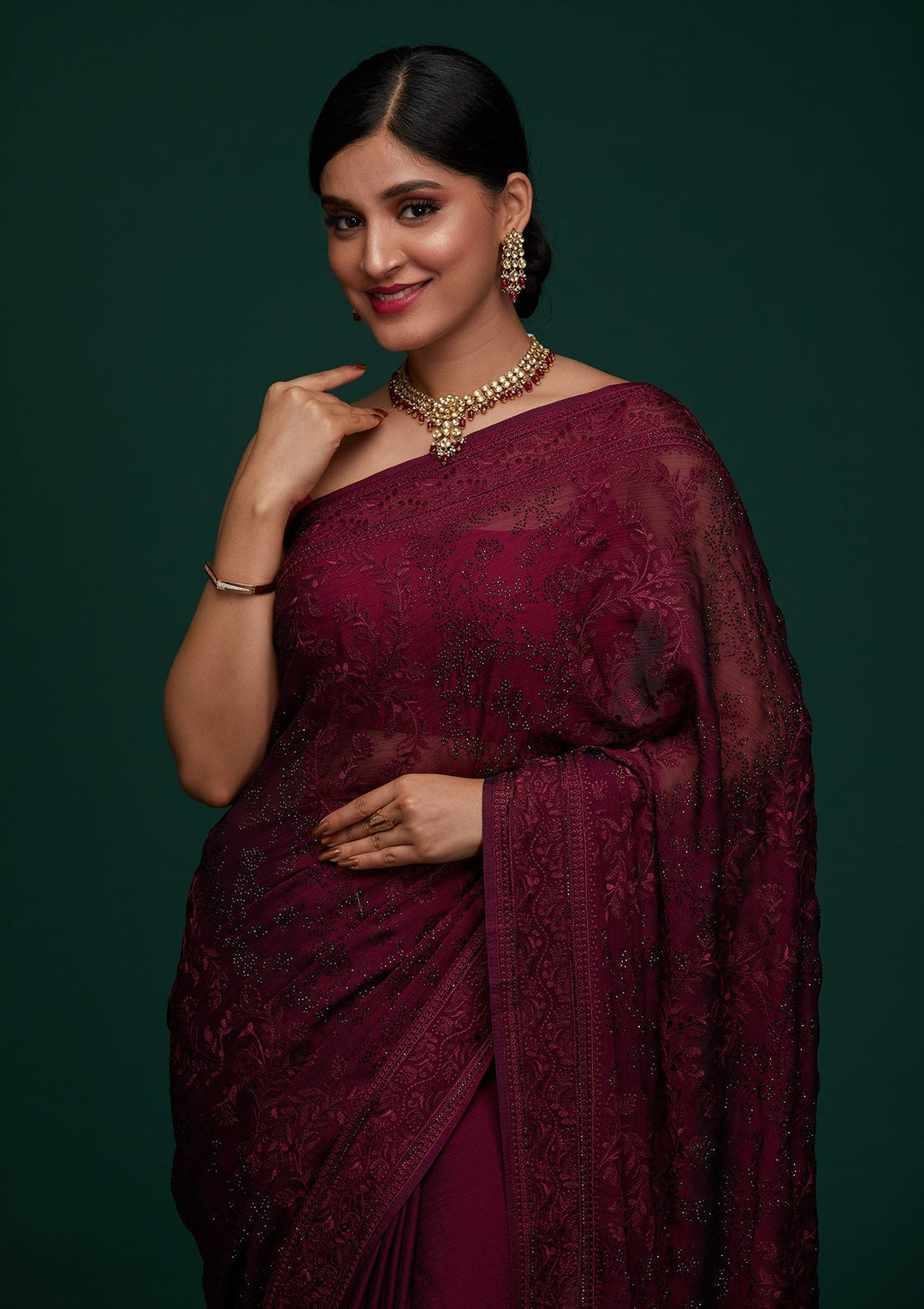 Wine Threadwork Georgette Designer Saree - Koskii