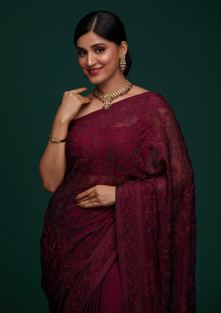 Wine Threadwork Georgette Designer Saree - Koskii