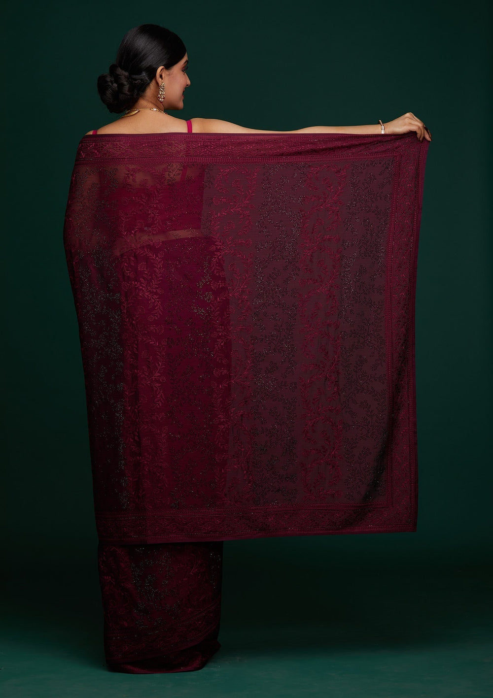 Wine Threadwork Georgette Designer Saree - Koskii
