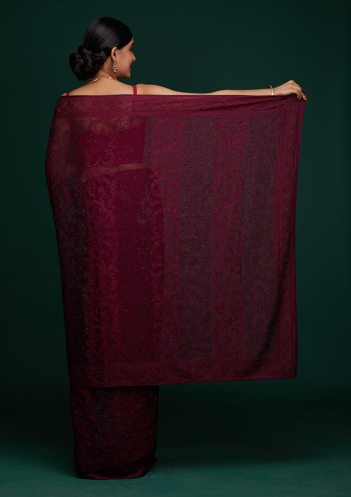Wine Threadwork Georgette Designer Saree - Koskii