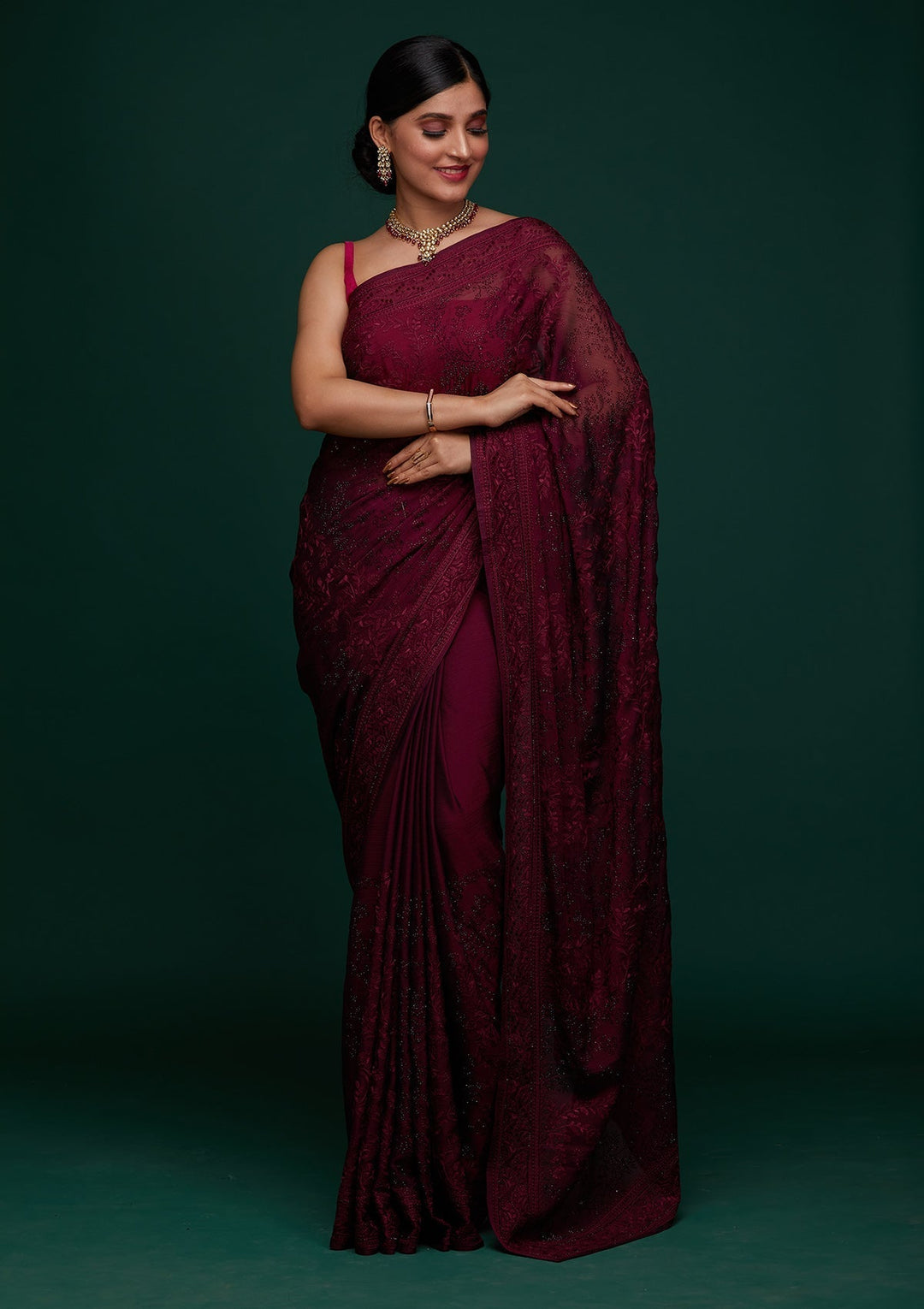 Wine Threadwork Georgette Designer Saree - Koskii