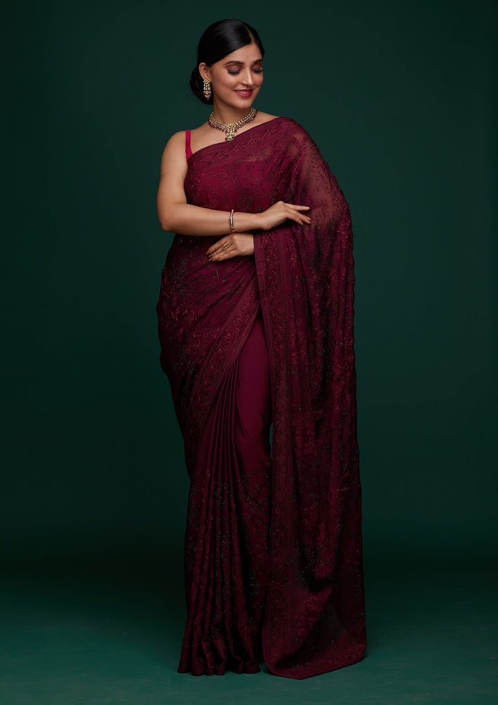 Wine Threadwork Georgette Designer Saree - Koskii