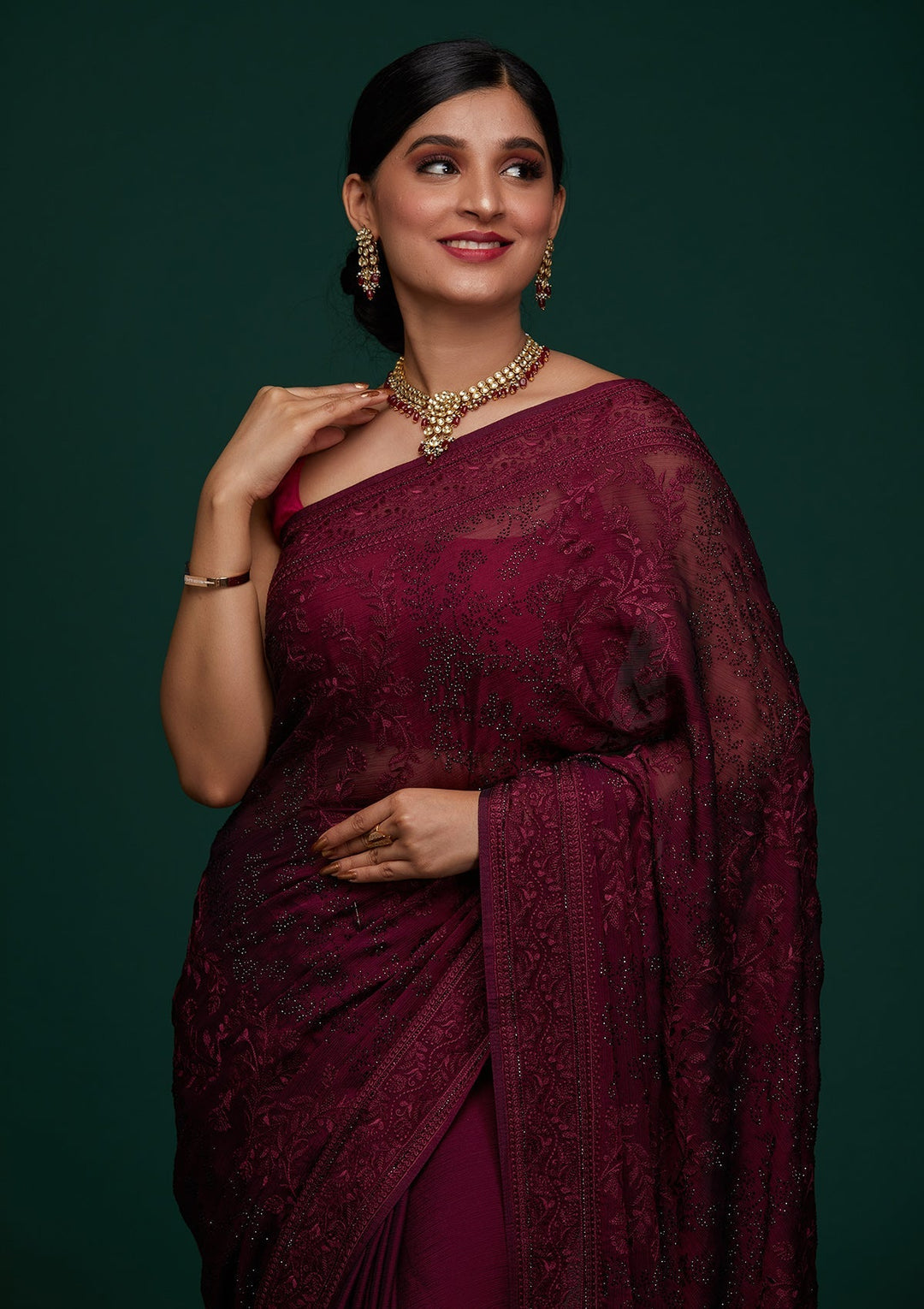 Wine Threadwork Georgette Designer Saree - Koskii