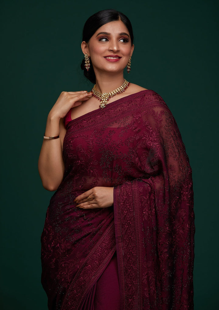 Wine Threadwork Georgette Designer Saree - Koskii