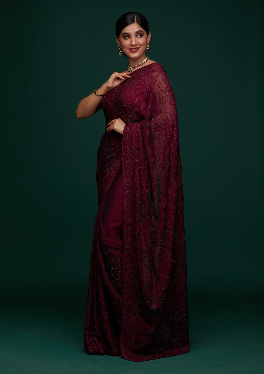 Wine Threadwork Georgette Designer Saree - Koskii