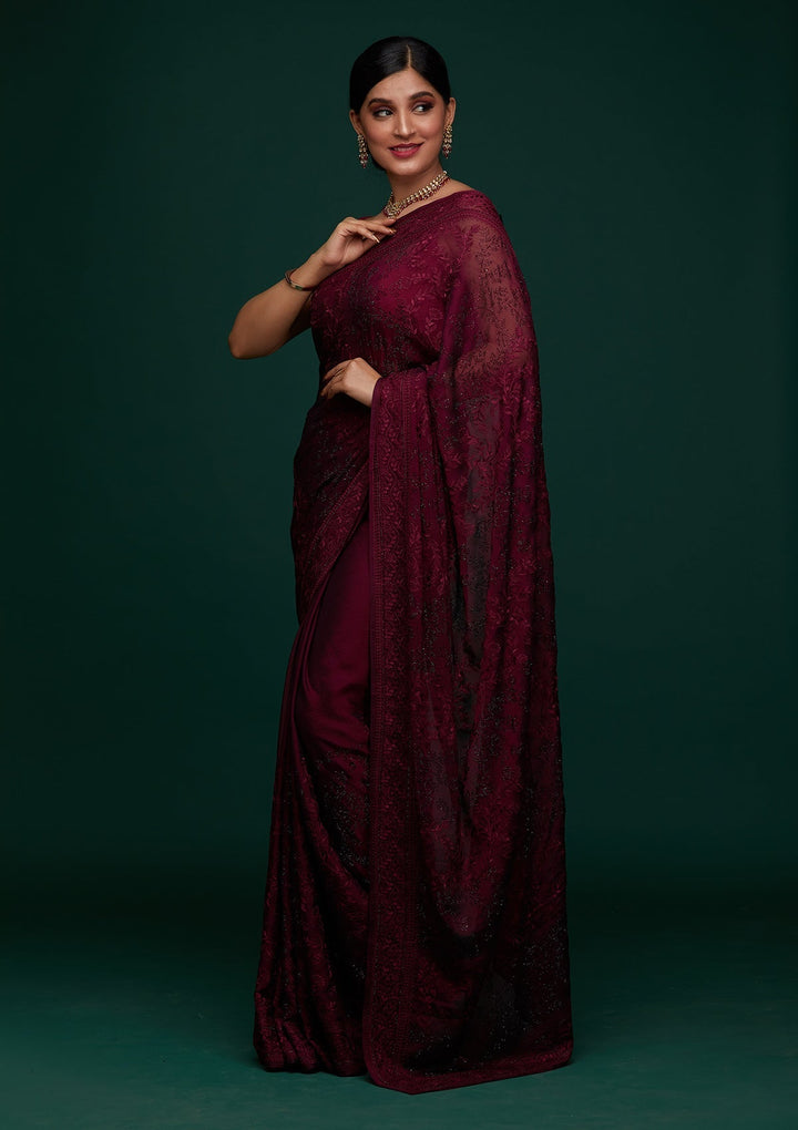 Wine Threadwork Georgette Designer Saree - Koskii