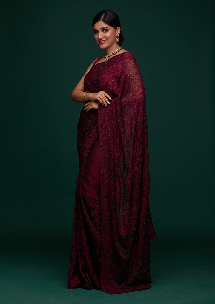 Wine Threadwork Georgette Designer Saree - Koskii