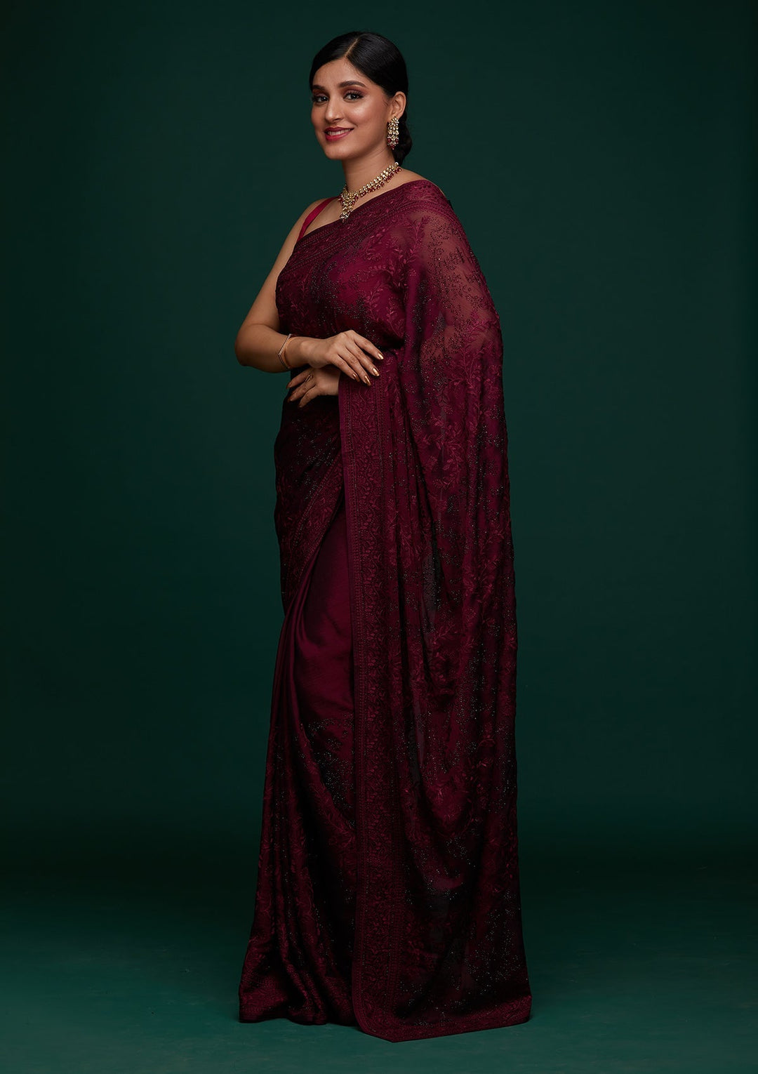 Wine Threadwork Georgette Designer Saree - Koskii