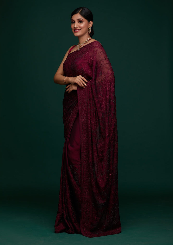 Wine Threadwork Georgette Designer Saree - Koskii