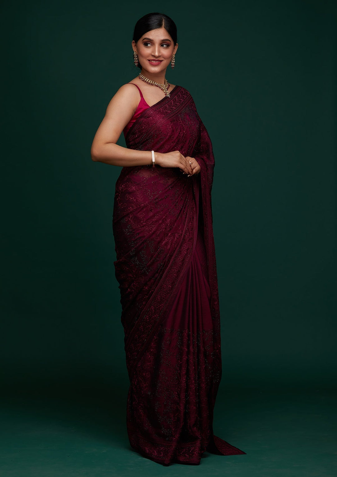 Wine Threadwork Georgette Designer Saree - Koskii