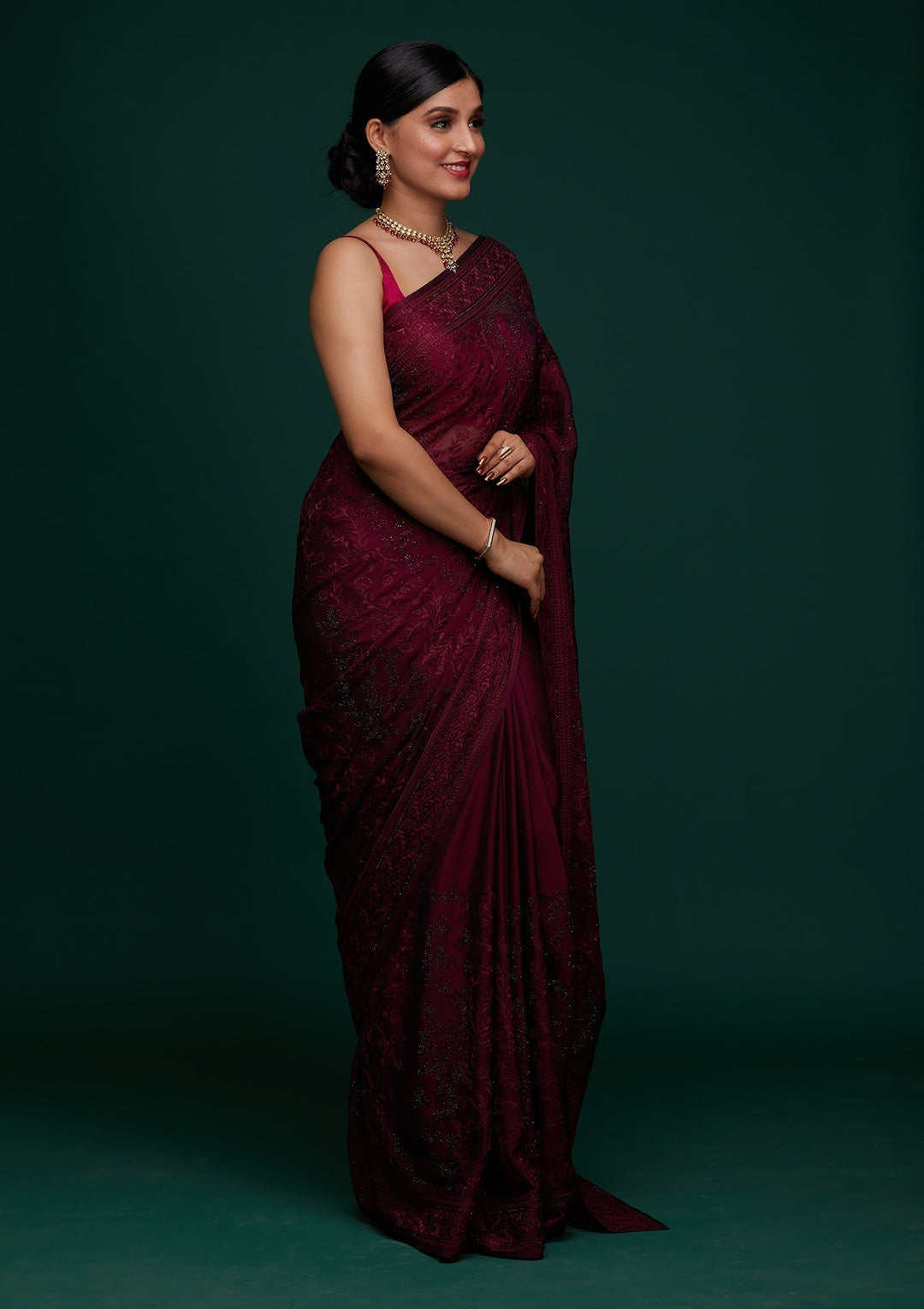 Wine Threadwork Georgette Designer Saree - Koskii
