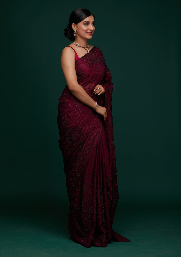 Wine Threadwork Georgette Designer Saree - Koskii