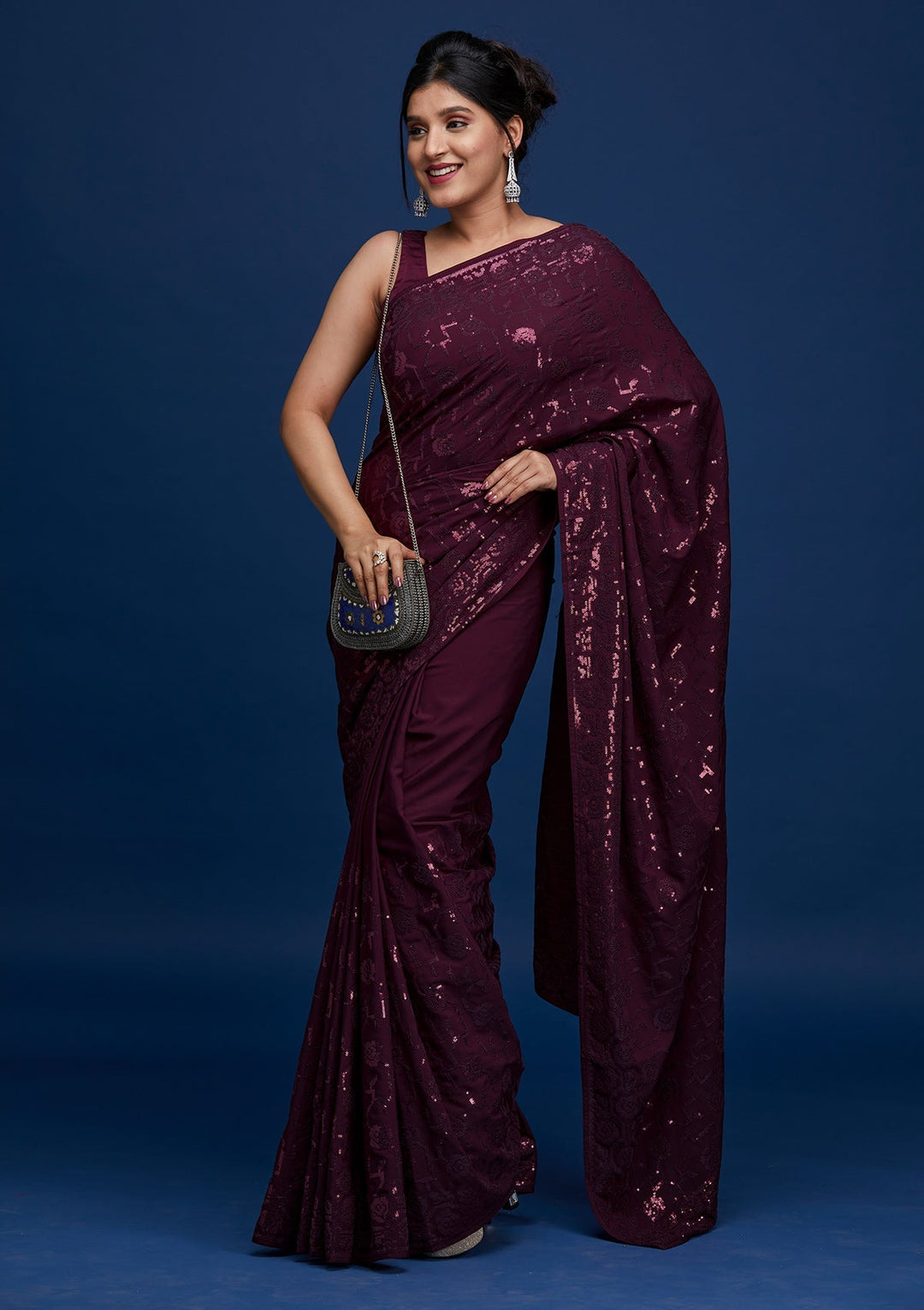 Wine Threadwork Georgette Saree- Koskii