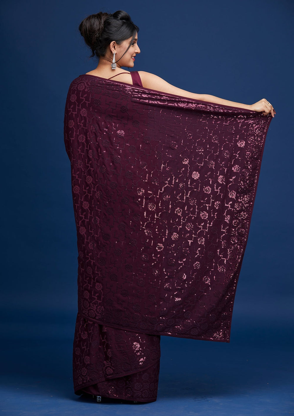 Wine Threadwork Georgette Saree - Koskii