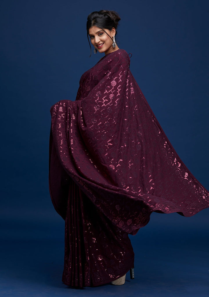 Wine Threadwork Georgette Saree - Koskii