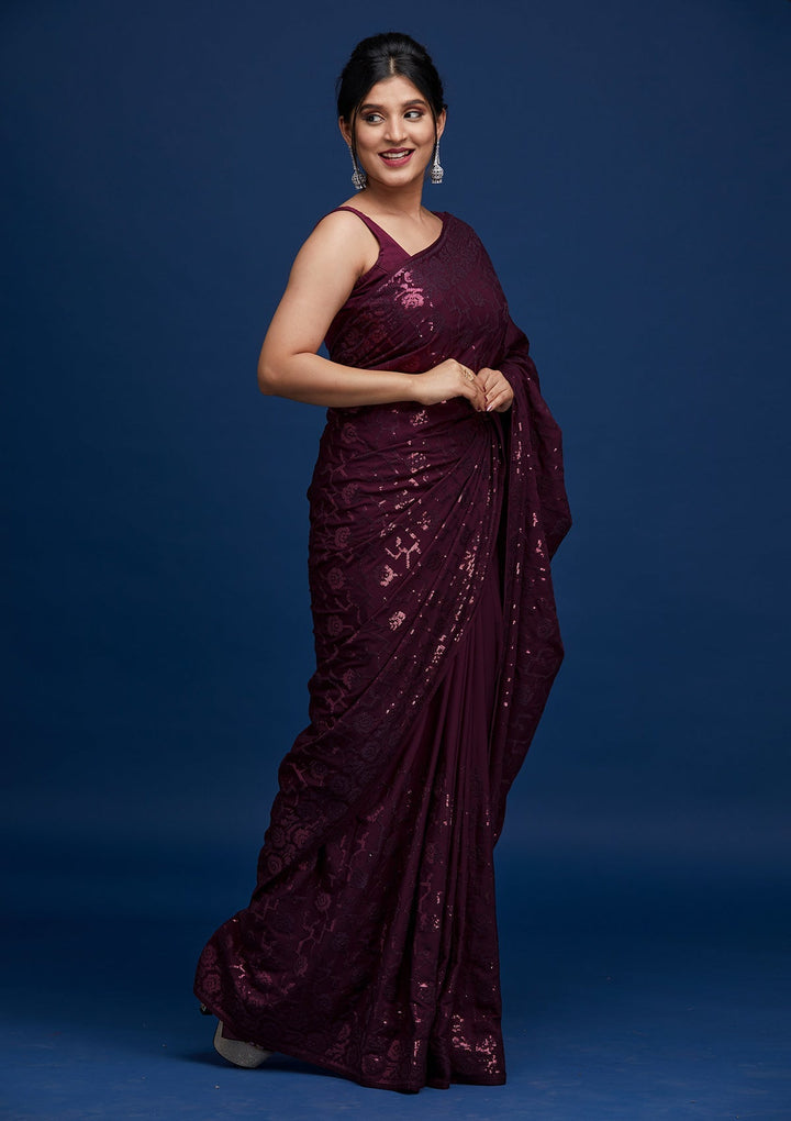 Wine Threadwork Georgette Saree - Koskii