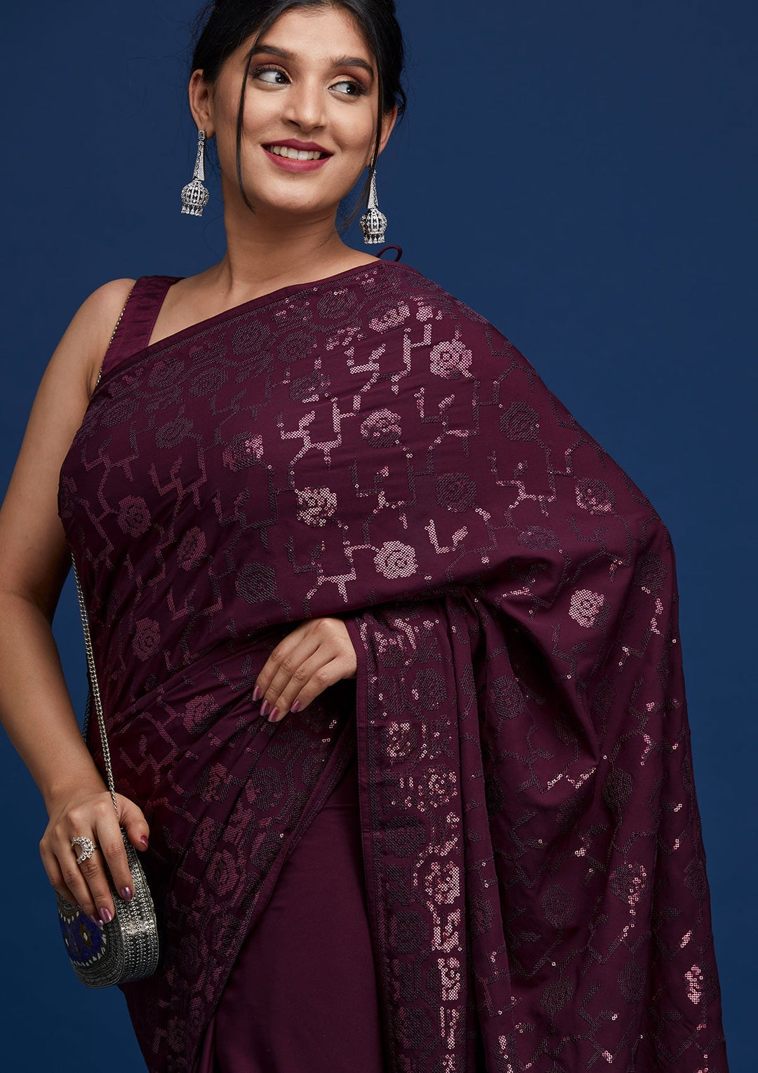 Wine Threadwork Georgette Saree - Koskii