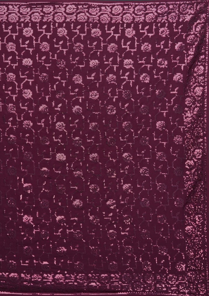 Wine Threadwork Georgette Saree - Koskii