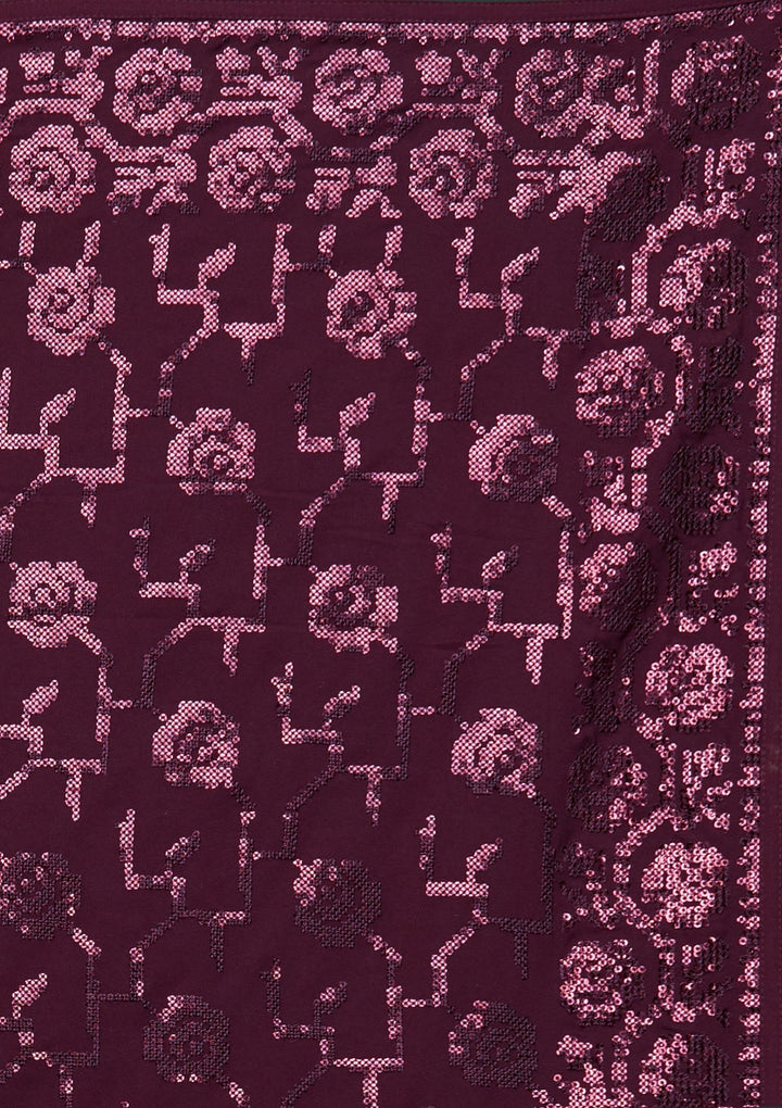 Wine Threadwork Georgette Saree - Koskii