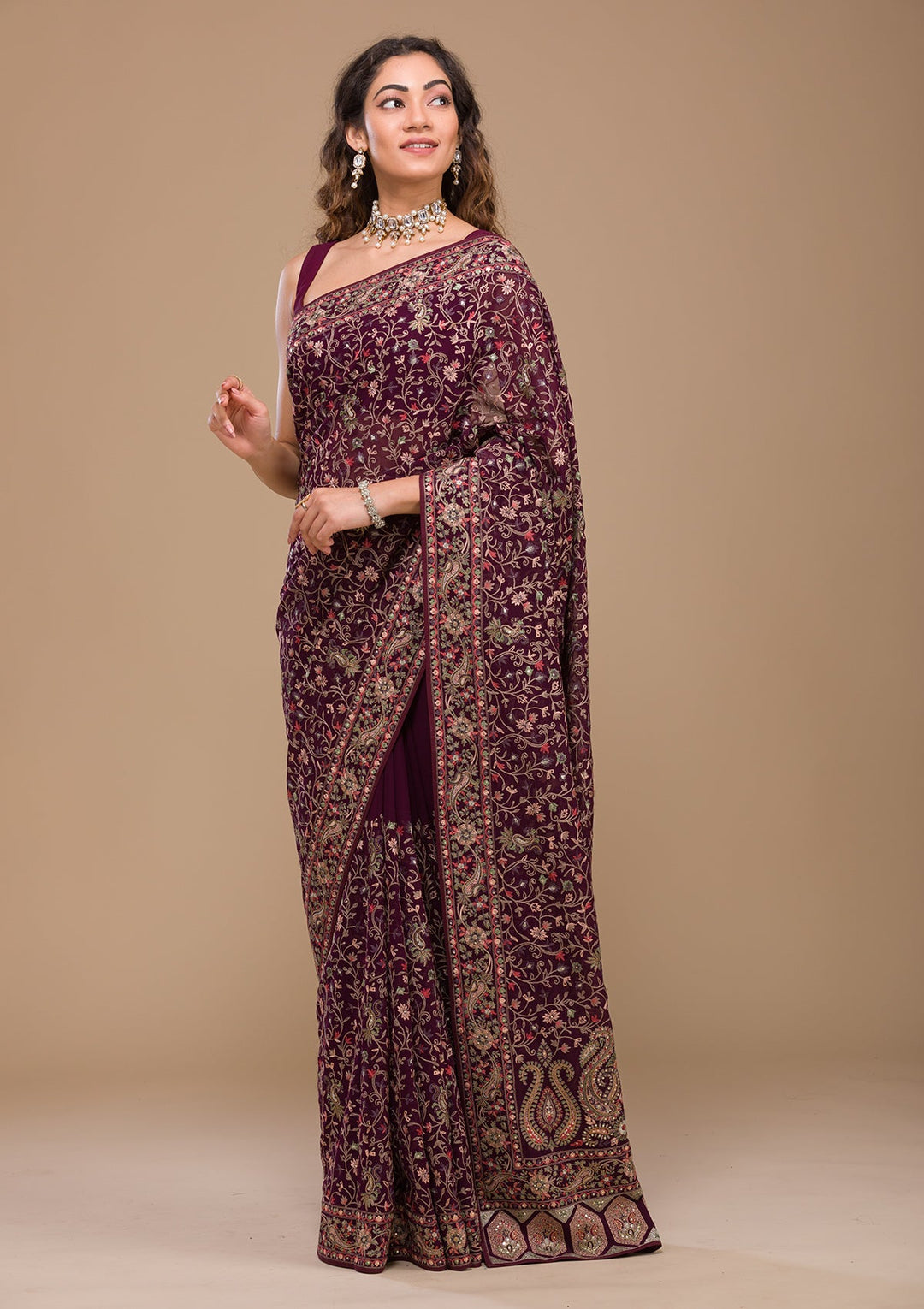 Wine Threadwork Georgette Saree-Koskii