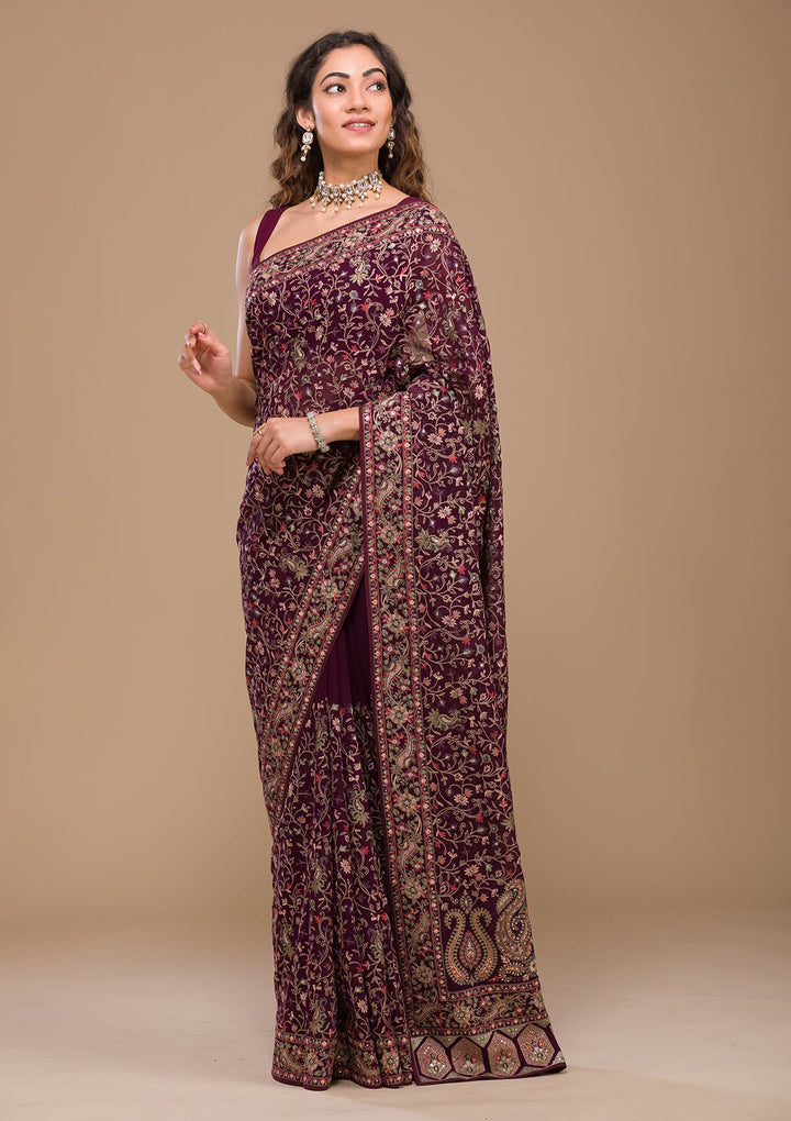 Wine Threadwork Georgette Saree-Koskii
