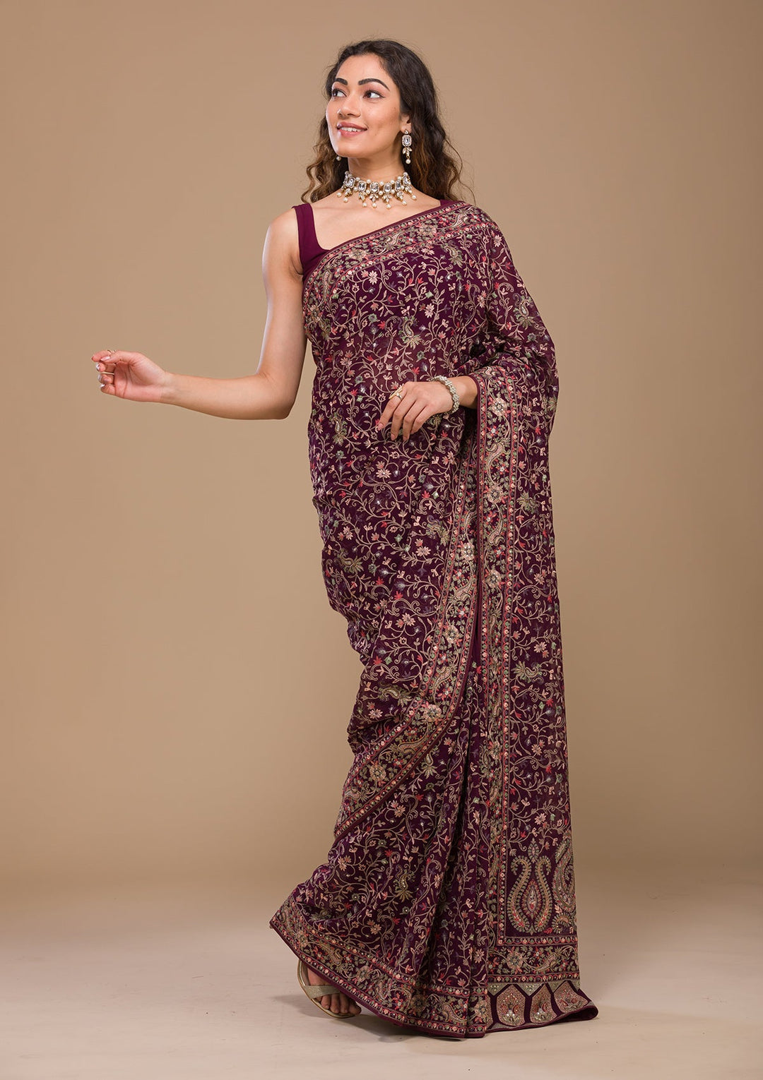 Wine Threadwork Georgette Saree-Koskii