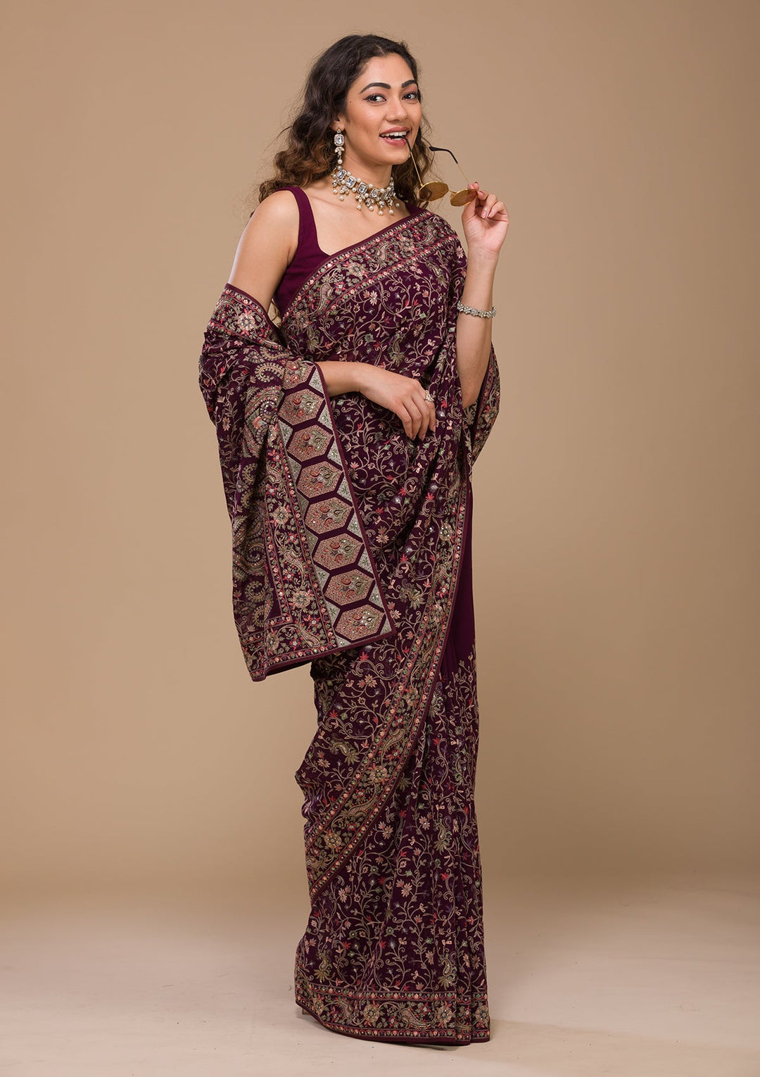 Wine Threadwork Georgette Saree-Koskii