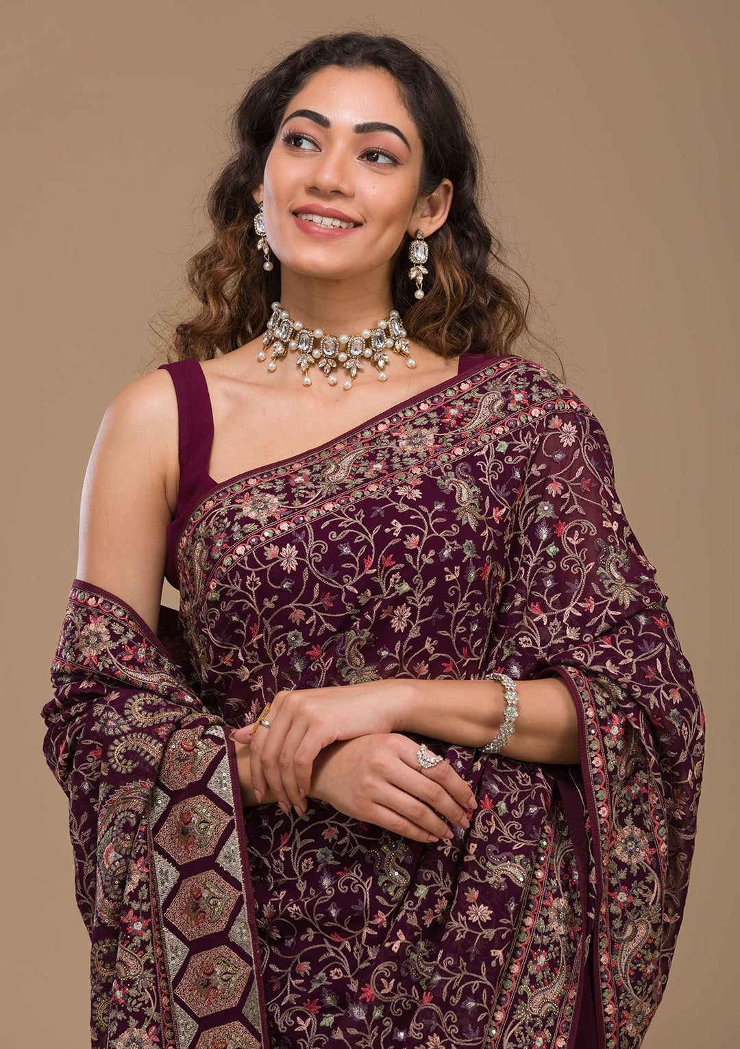 Wine Threadwork Georgette Saree-Koskii