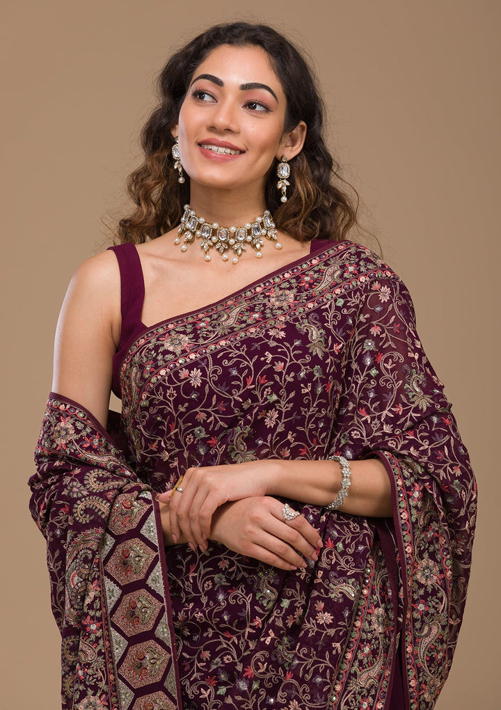Wine Threadwork Georgette Saree-Koskii
