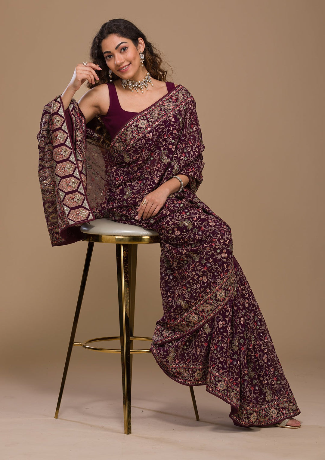 Wine Threadwork Georgette Saree-Koskii