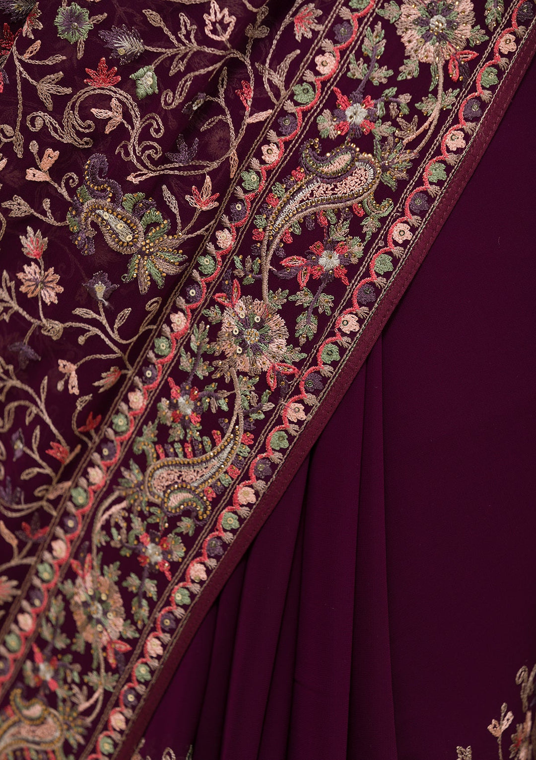 Wine Threadwork Georgette Saree-Koskii