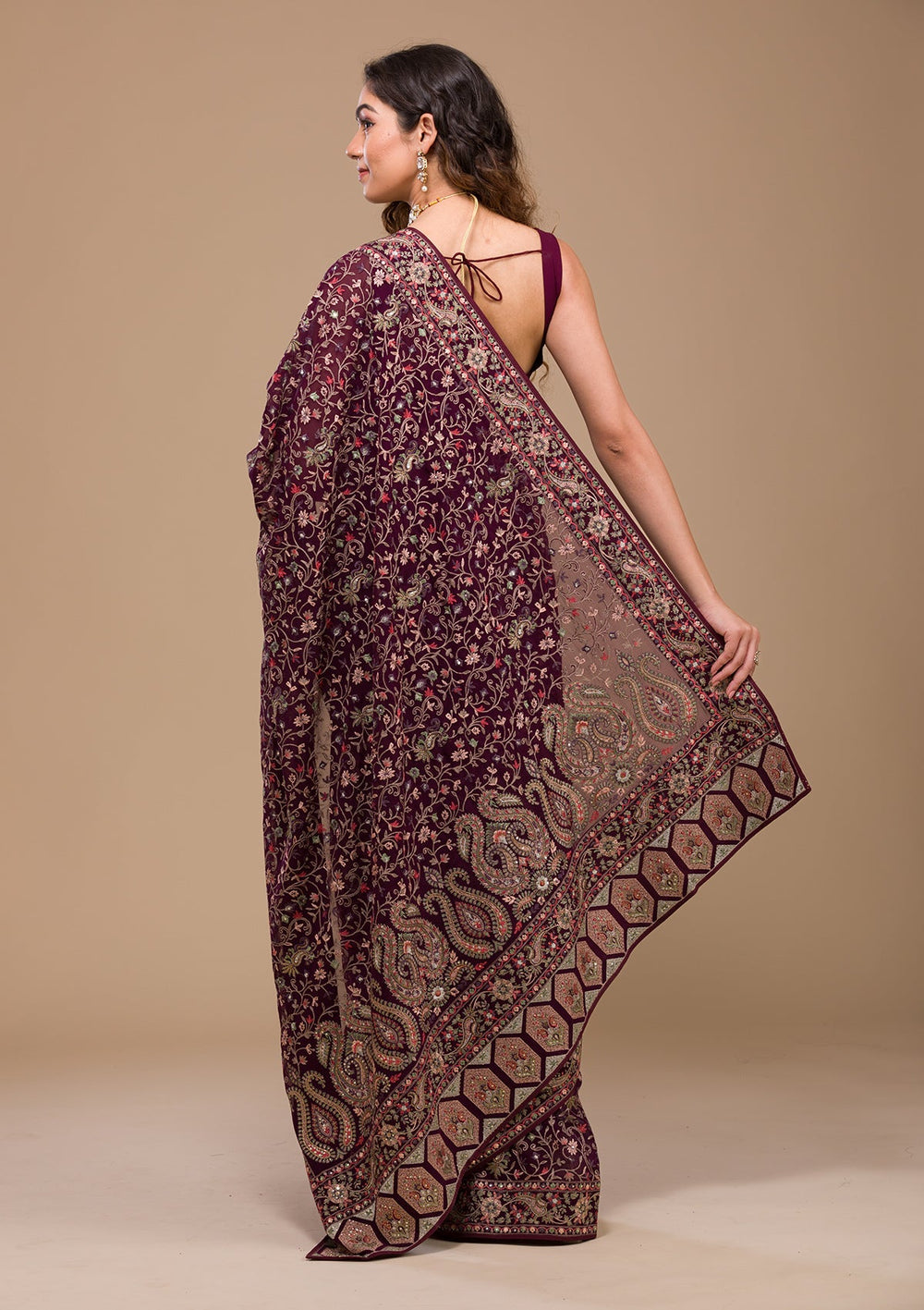 Wine Threadwork Georgette Saree-Koskii