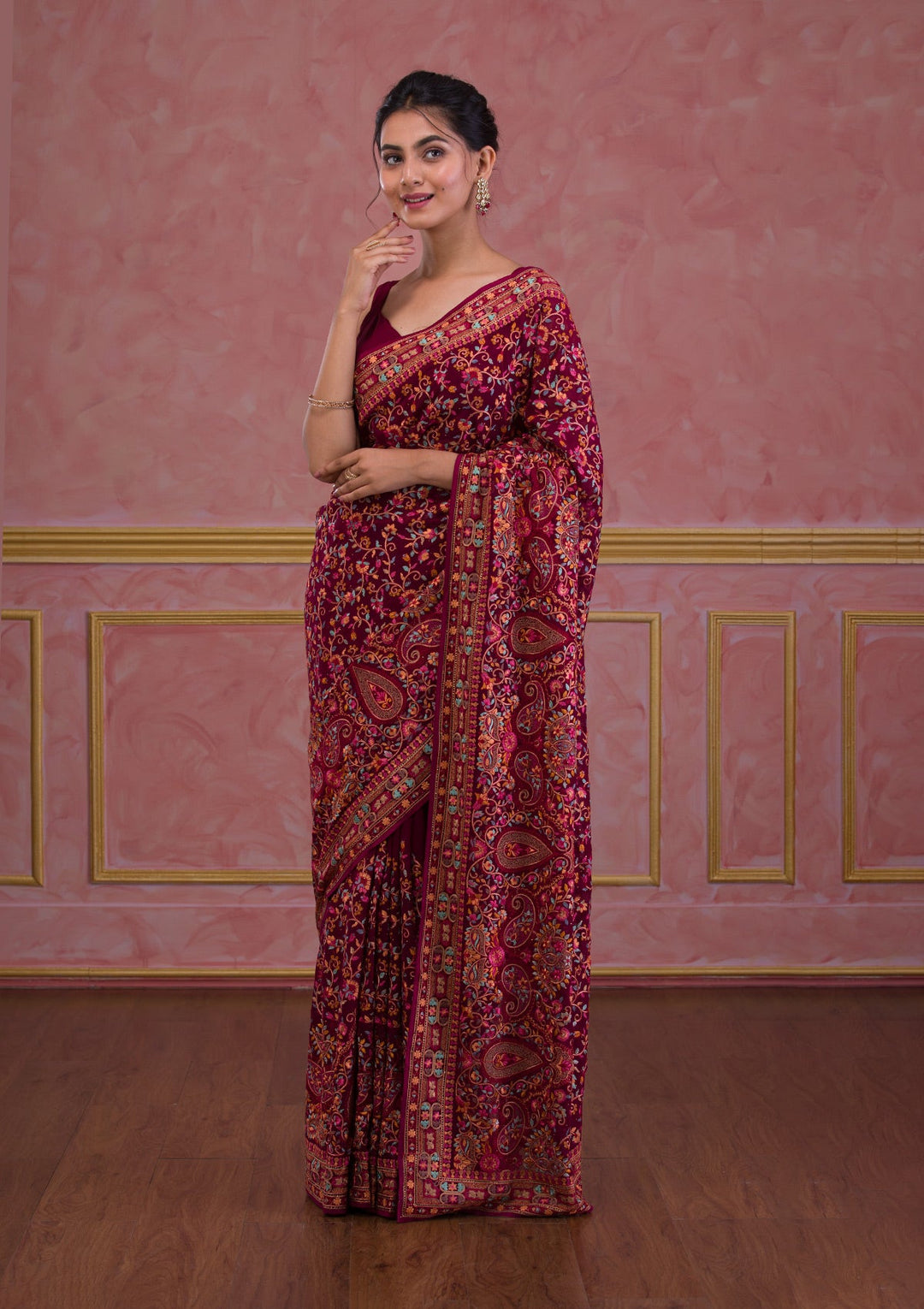 Wine Threadwork Georgette Saree-Koskii