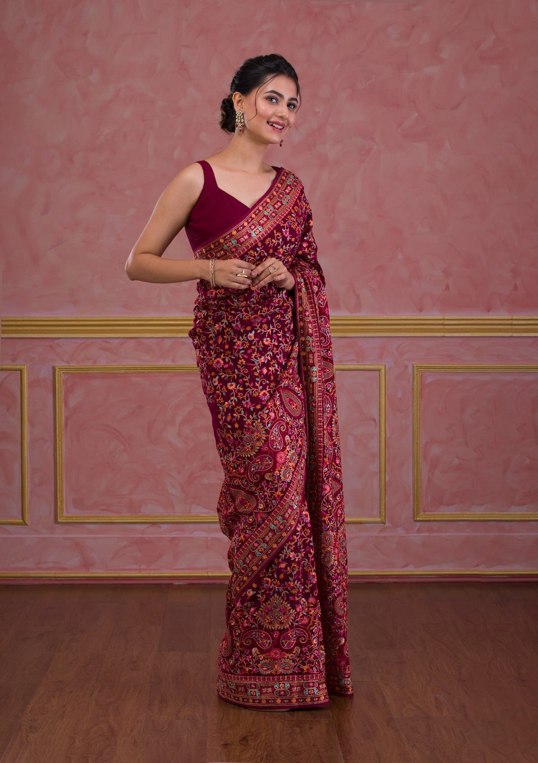 Wine Threadwork Georgette Saree-Koskii