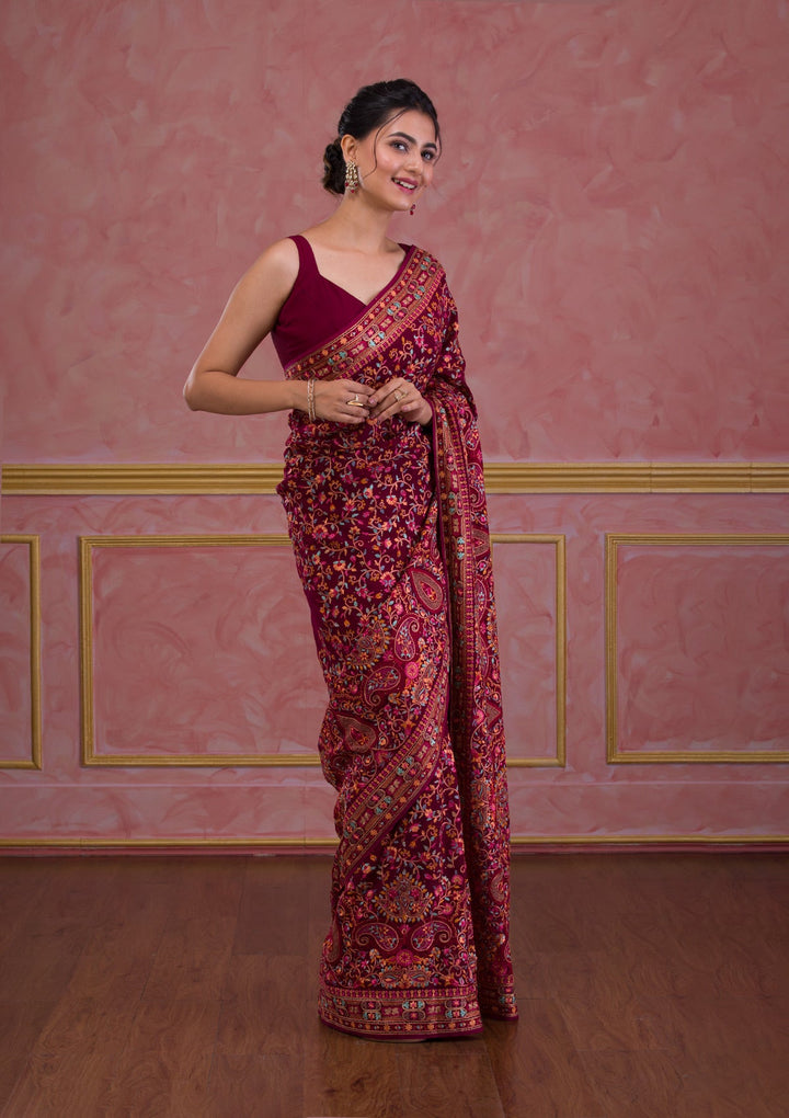 Wine Threadwork Georgette Saree-Koskii