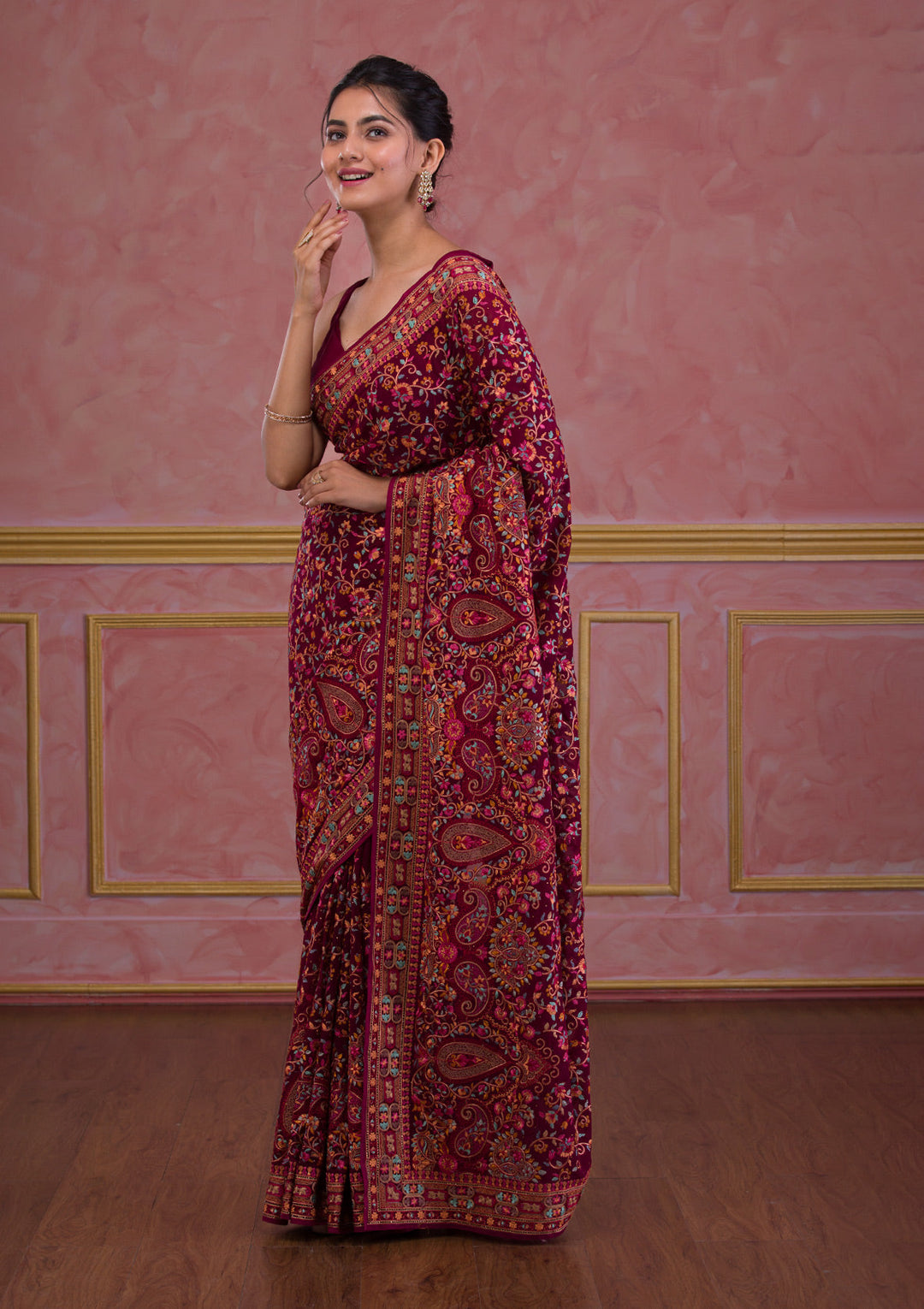Wine Threadwork Georgette Saree-Koskii