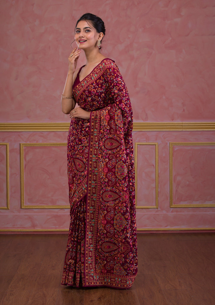 Wine Threadwork Georgette Saree-Koskii
