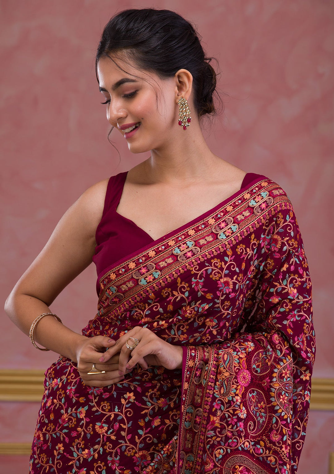 Wine Threadwork Georgette Saree-Koskii