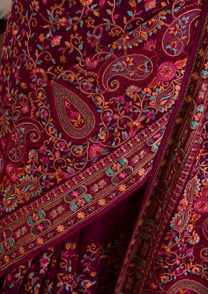Wine Threadwork Georgette Saree-Koskii
