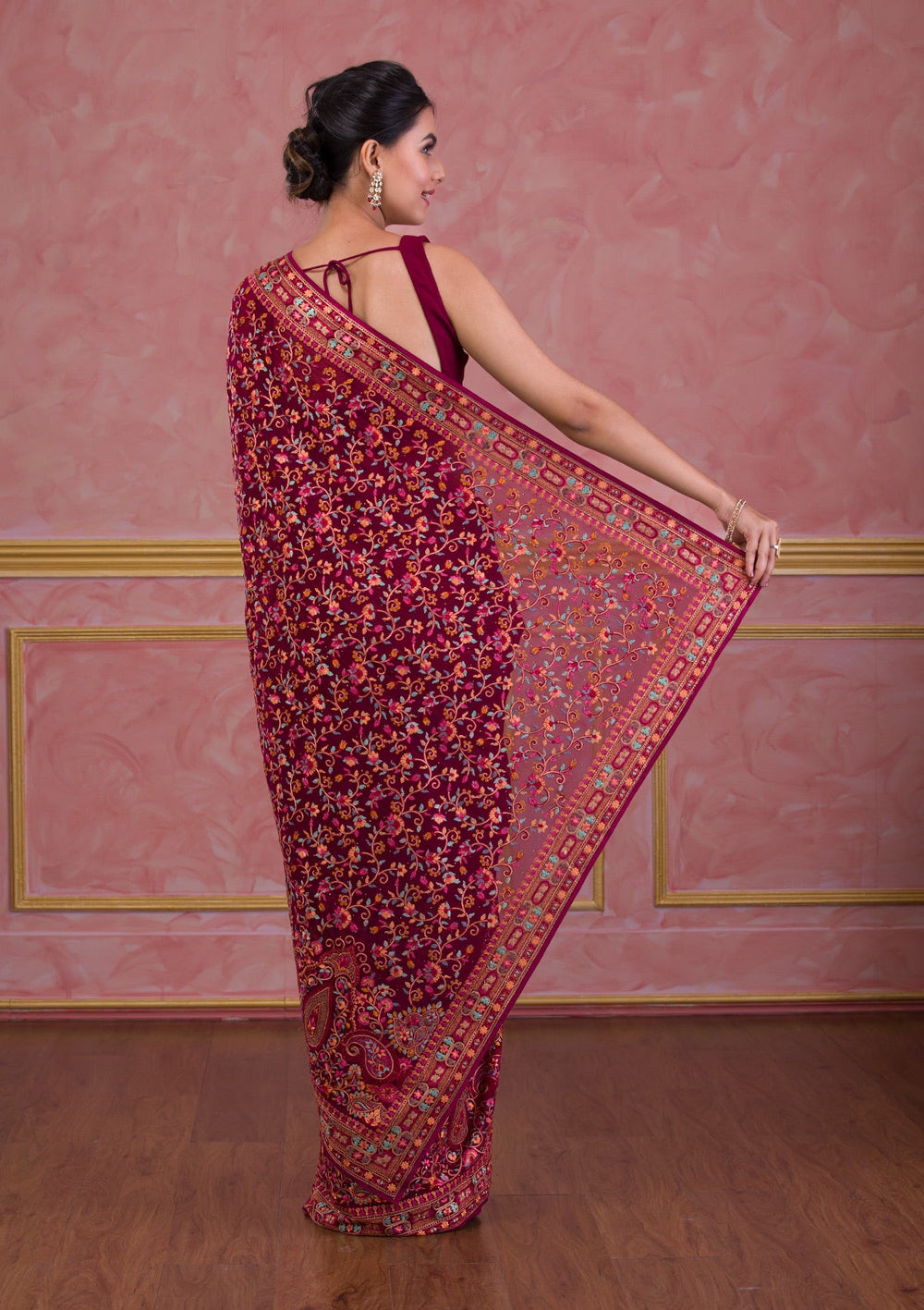 Wine Threadwork Georgette Saree-Koskii