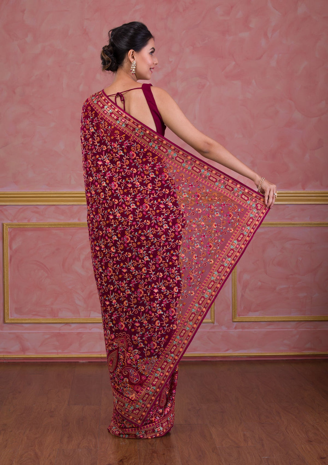 Wine Threadwork Georgette Saree-Koskii