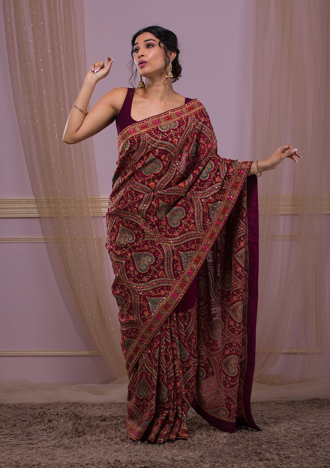 Wine Threadwork Georgette Saree-Koskii