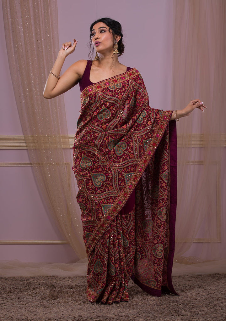 Wine Threadwork Georgette Saree-Koskii