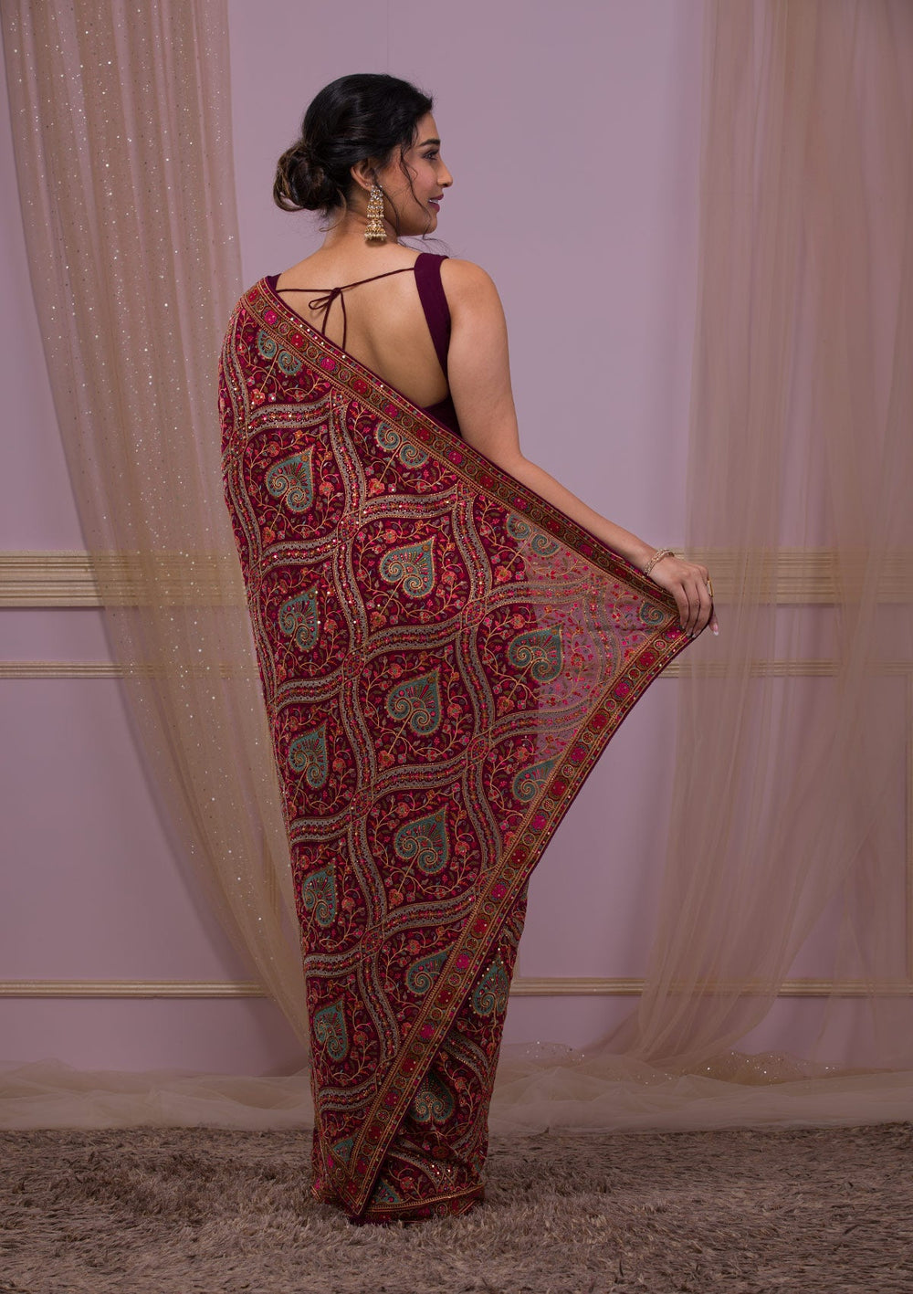 Wine Threadwork Georgette Saree-Koskii