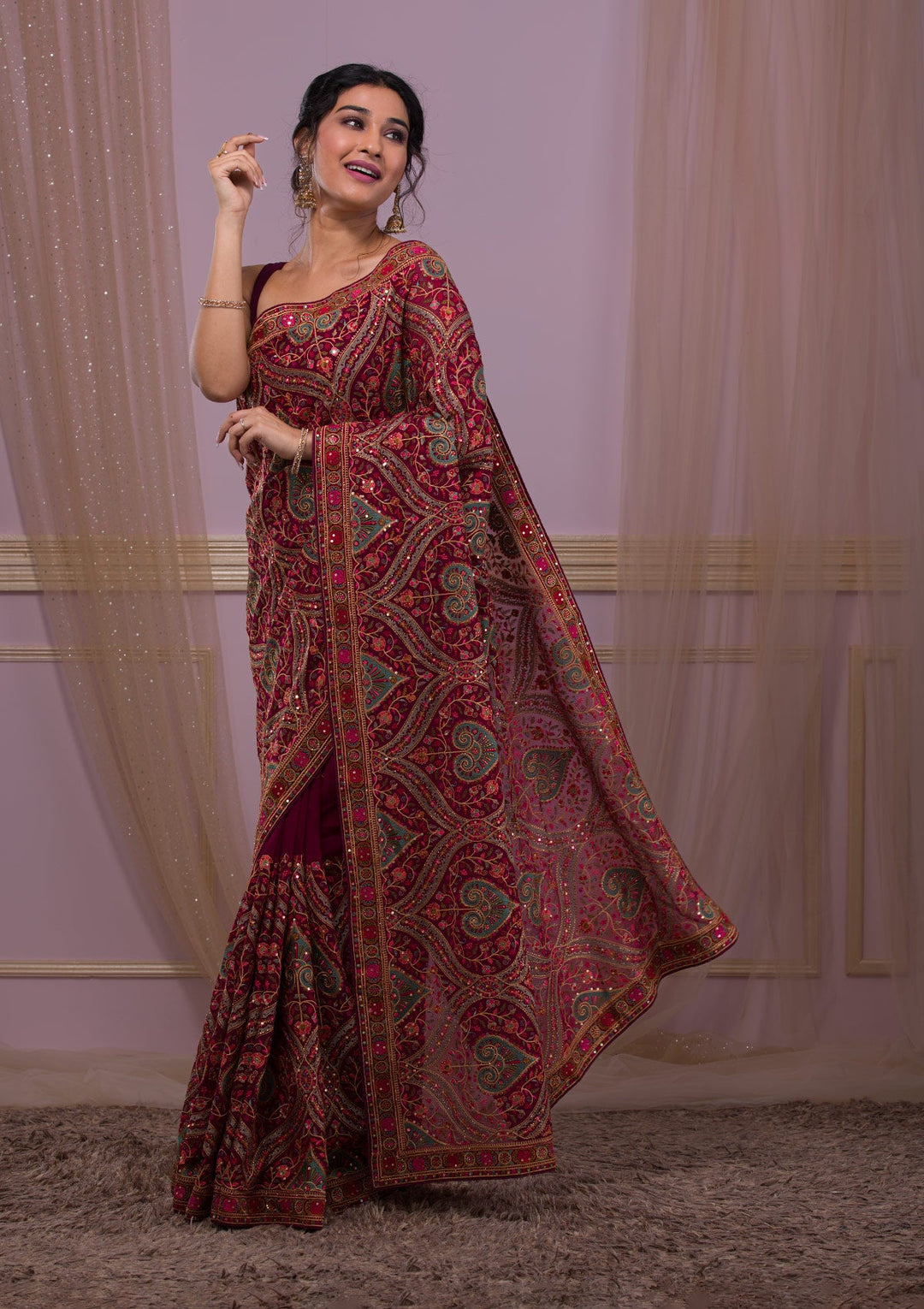Wine Threadwork Georgette Saree-Koskii